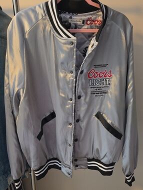 The Laundry Room Silver Coors Light Satin Bomber Jacket with Black Trim